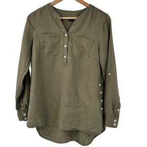 Talbots Womens Olive Green 100% Linen Henley Tunic Shirt Side Buttons Size S
